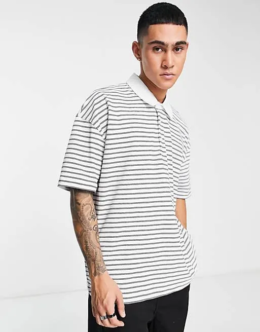 AllSaints Ave short sleeve polo shirt in white stripe