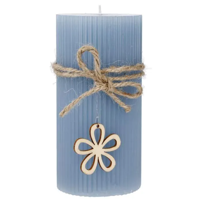 Kerze Rillen/Blume, grau/blau, 7 x 14 cm