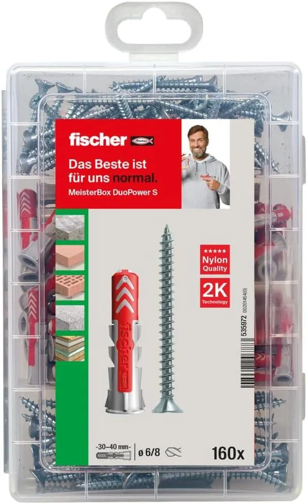 fischer Meister-Box DuoPower + Schraube, Werkzeugkiste mit 160 Dübeln und Schrauben, Universaldübel, praktisches Set, Dübelkiste für Heimwerker & Profis
