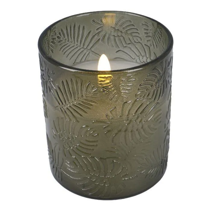 LED-Kerze im Glas, Blätter/grün, 10 cm