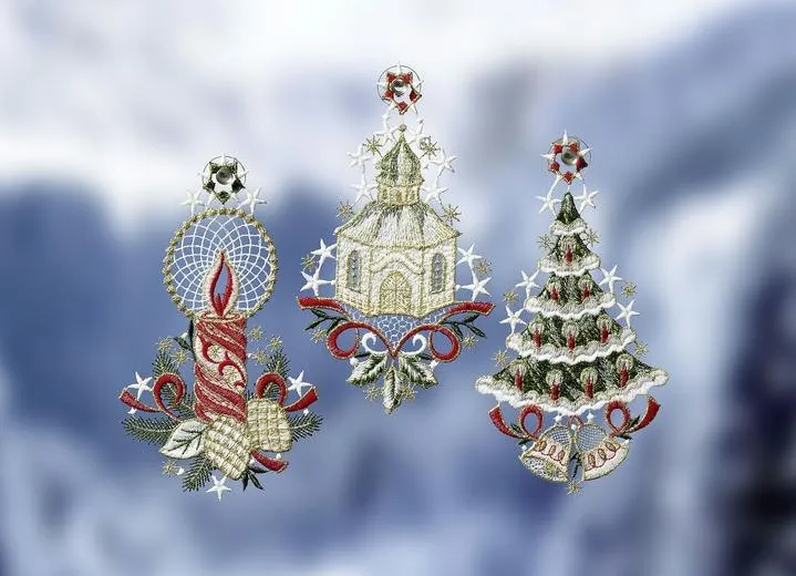 Fensterbilder, 3er-Set, aus echter Plauener Spitze