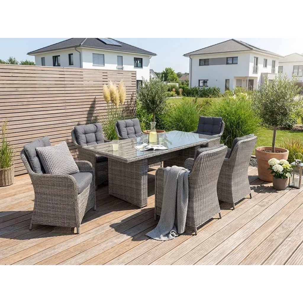 KONIFERA Garten-Essgruppe »»Menorca«« Set, 6x Sessel, 1x Tisch 200x100x75 cm, inkl. Auflagen, Alu, Polyrattan, 19 Stk. tlg. Polyrattan, Aluminium, Tischplatte aus 5mm starkem Sicherheitsglas