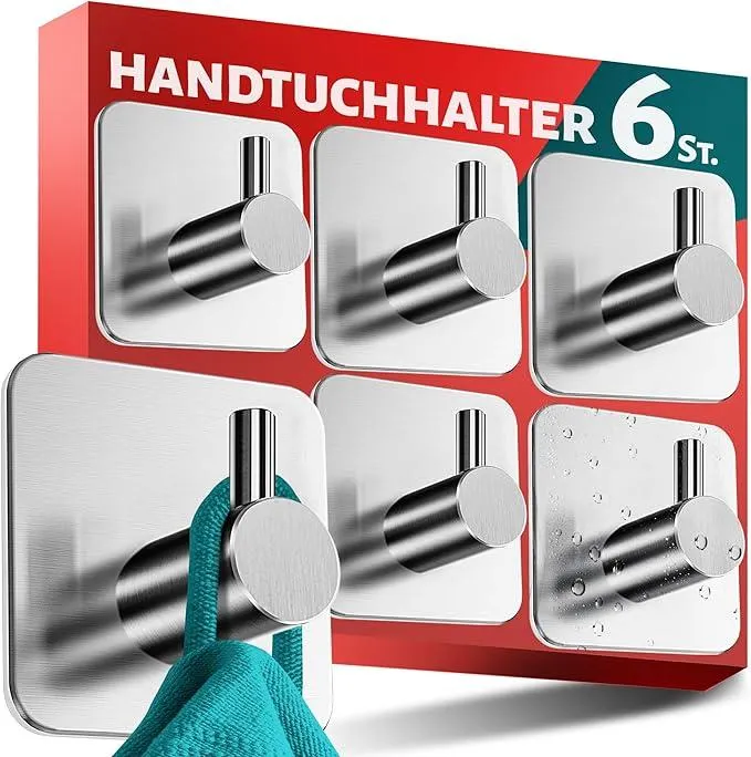 Menz Handtuchhalter ohne Bohren 6er SET - Handtuchhaken Bad Edelstahl, klassisch-funktionale Haken selbstklebend - Starke Klebehaken als stilvolle Wandhaken