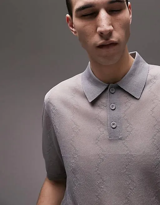Topman knitted sheer polo with pointelle in grey