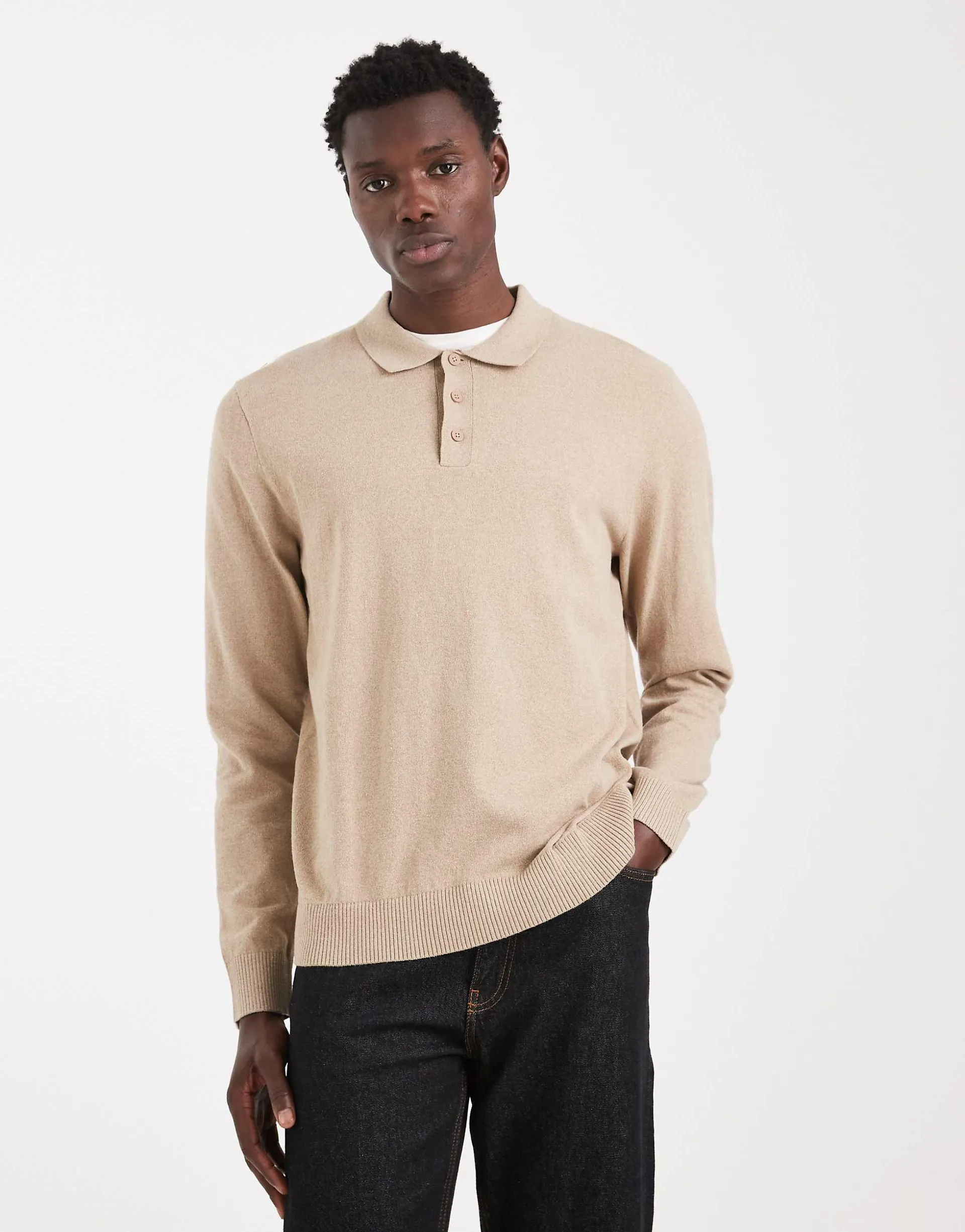 JJ Rebel knitted long sleeve polo in crockery