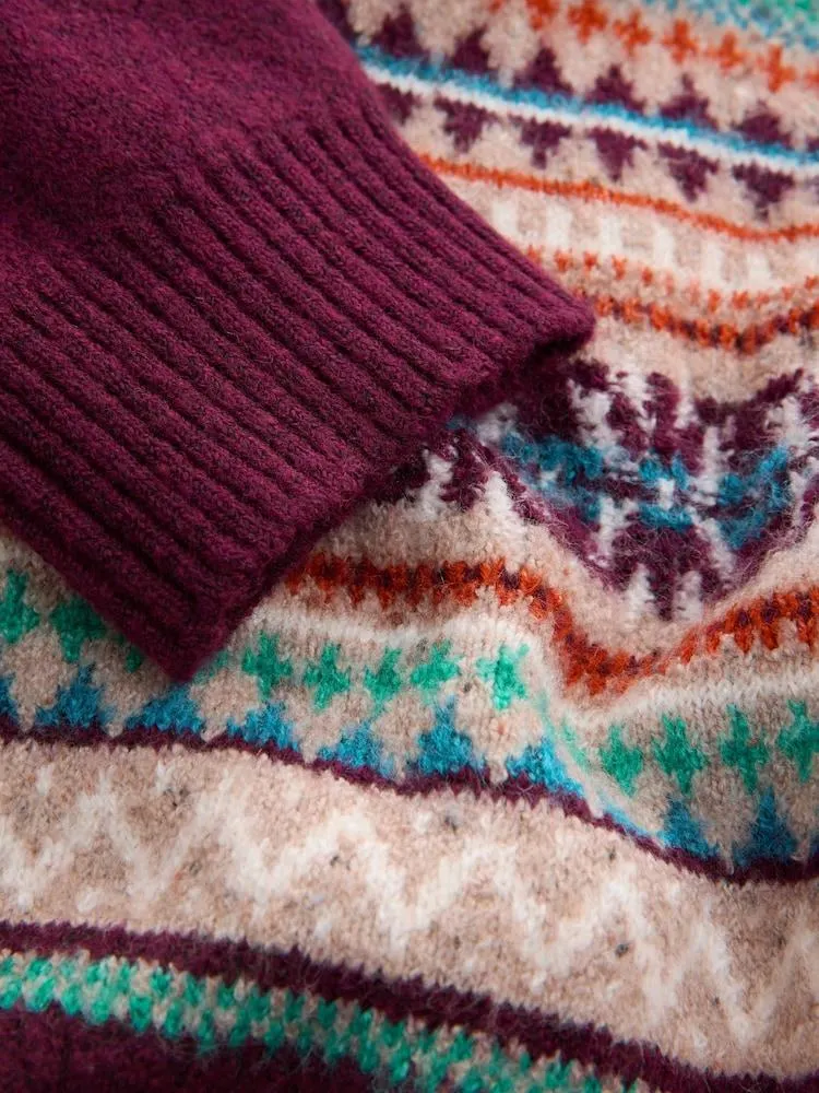 Burgunderrot - Regular Fit Fairisle Pattern Chest Block Zip Neck Jumper