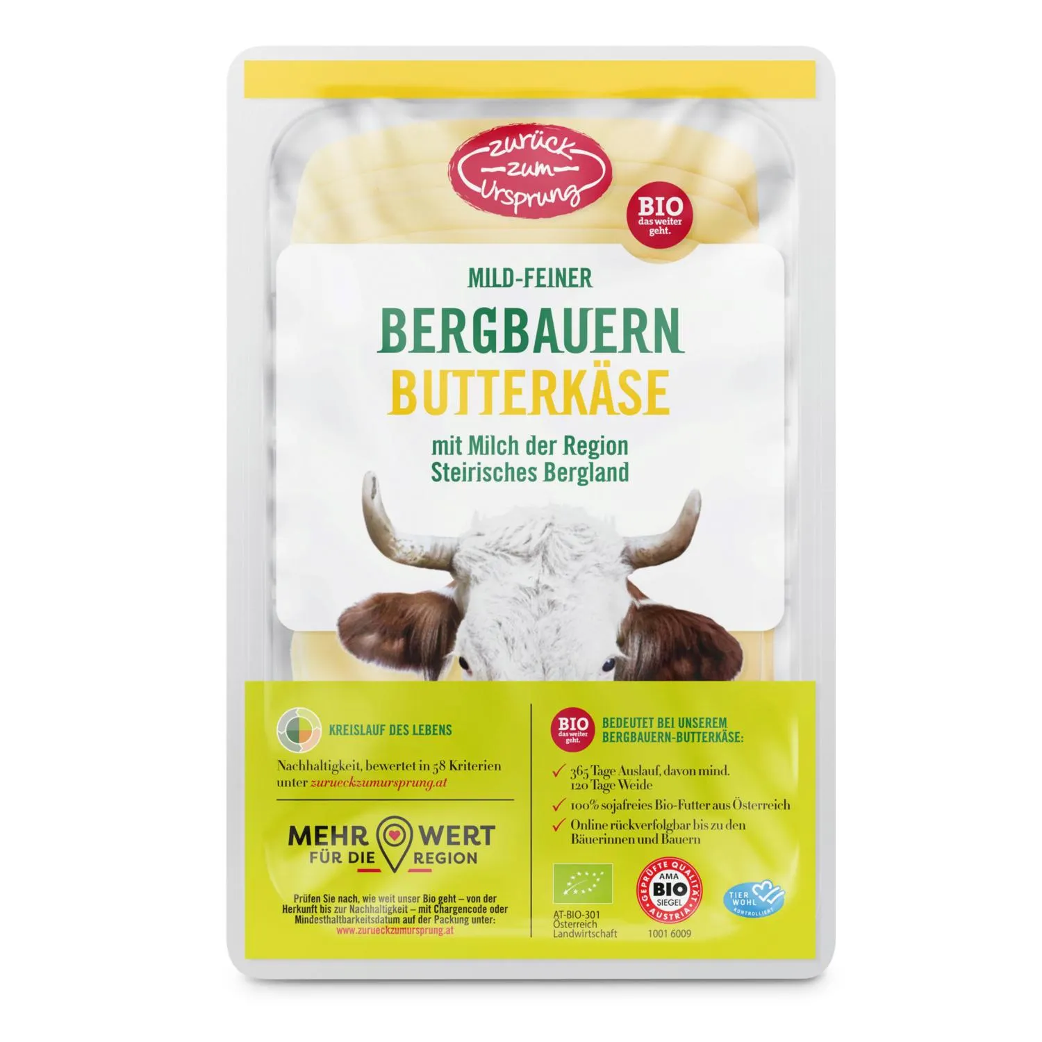 ZURÜCK ZUM URSPRUNG BIO-Bergbauern Käse in Scheiben, Butterkäse