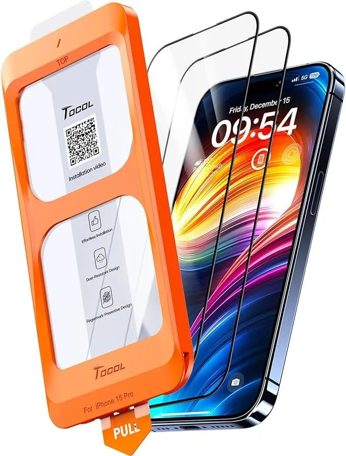 TOCOL für iPhone 15 Pro für Panzerglas, Full Screen Auto-Installation Schutzglas 9H Härte Stoßfest Kratzfest Anti-Fingerabdruck Anti-Öl Anti-Bläschen, 2 Stück