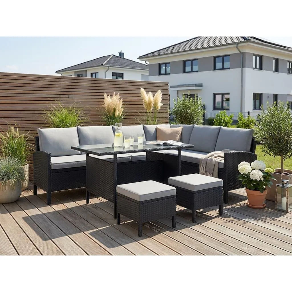 KONIFERA Gartenlounge-Set »Manhatten, Gartenmöbel Set« Set, Ecklounge, Tisch 66x120x74 cm, 2 Hocker, inkl. Auflagen, 18 Stk. tlg. Stahl/Polyrattan