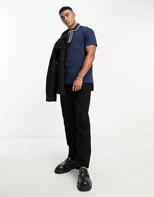 ASOS DESIGN standard fit polo with contrast trim and zip detail in navy