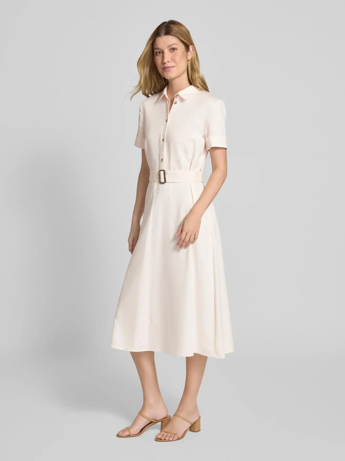 Regular Fit Midikleid aus Baumwoll-Mix mit Leinen-Anteil in beige