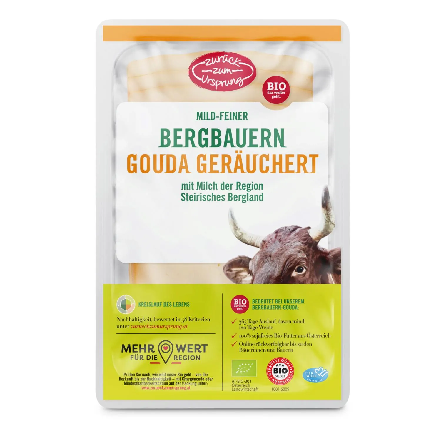 ZURÜCK ZUM URSPRUNG BIO-Bergbauern Käse in Scheiben, Gouda geräuchert