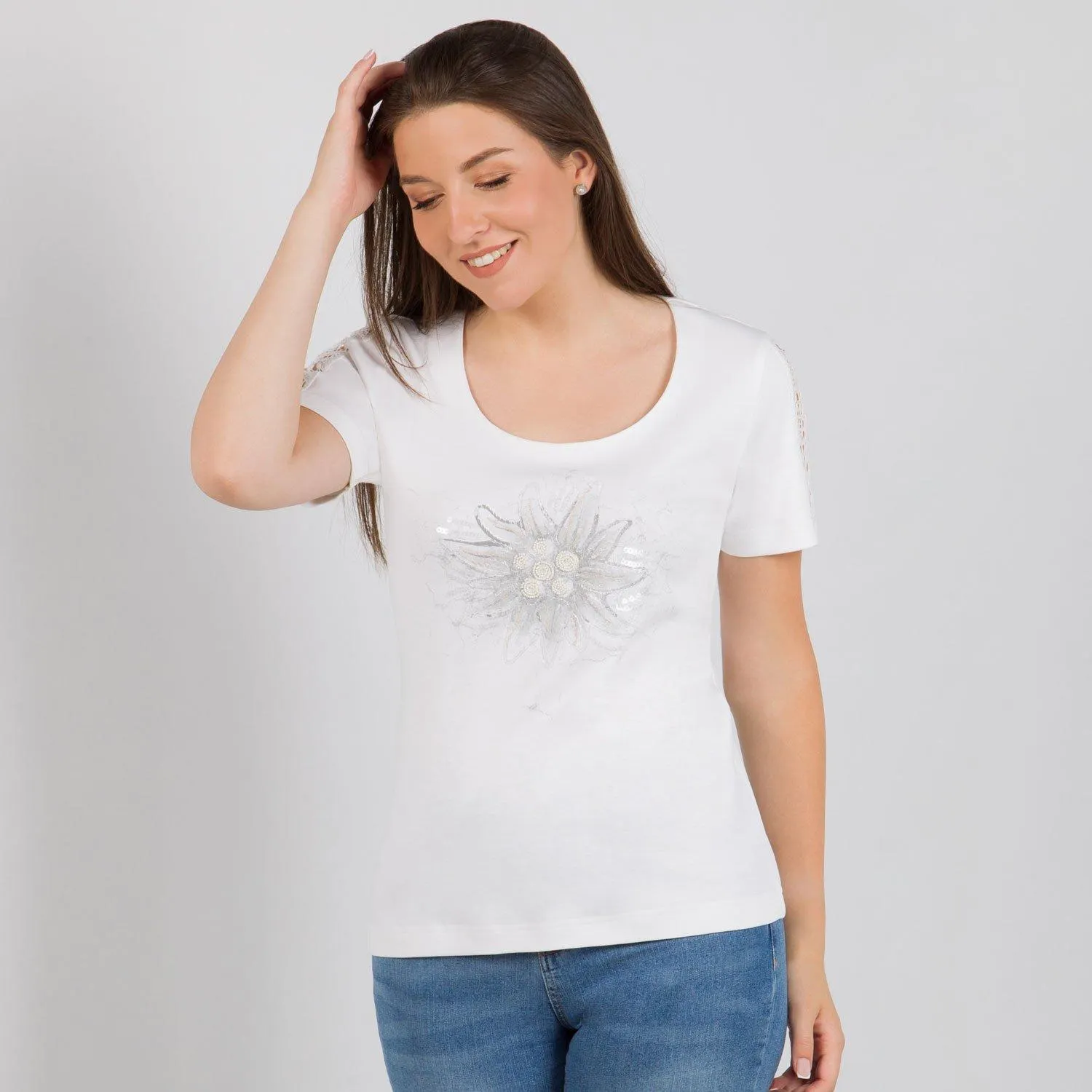 Damen T-Shirt “Edelweiß” mit Spitze, Weiß