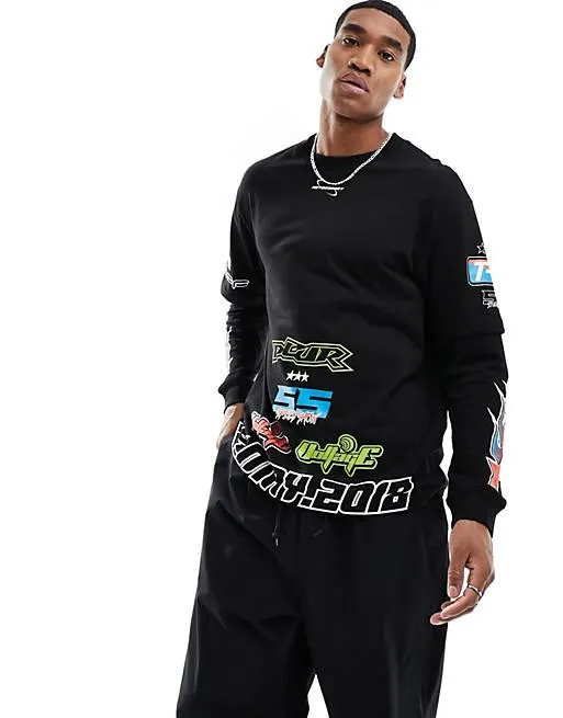 Bershka racing multiprinted long sleeve t-shirt in black