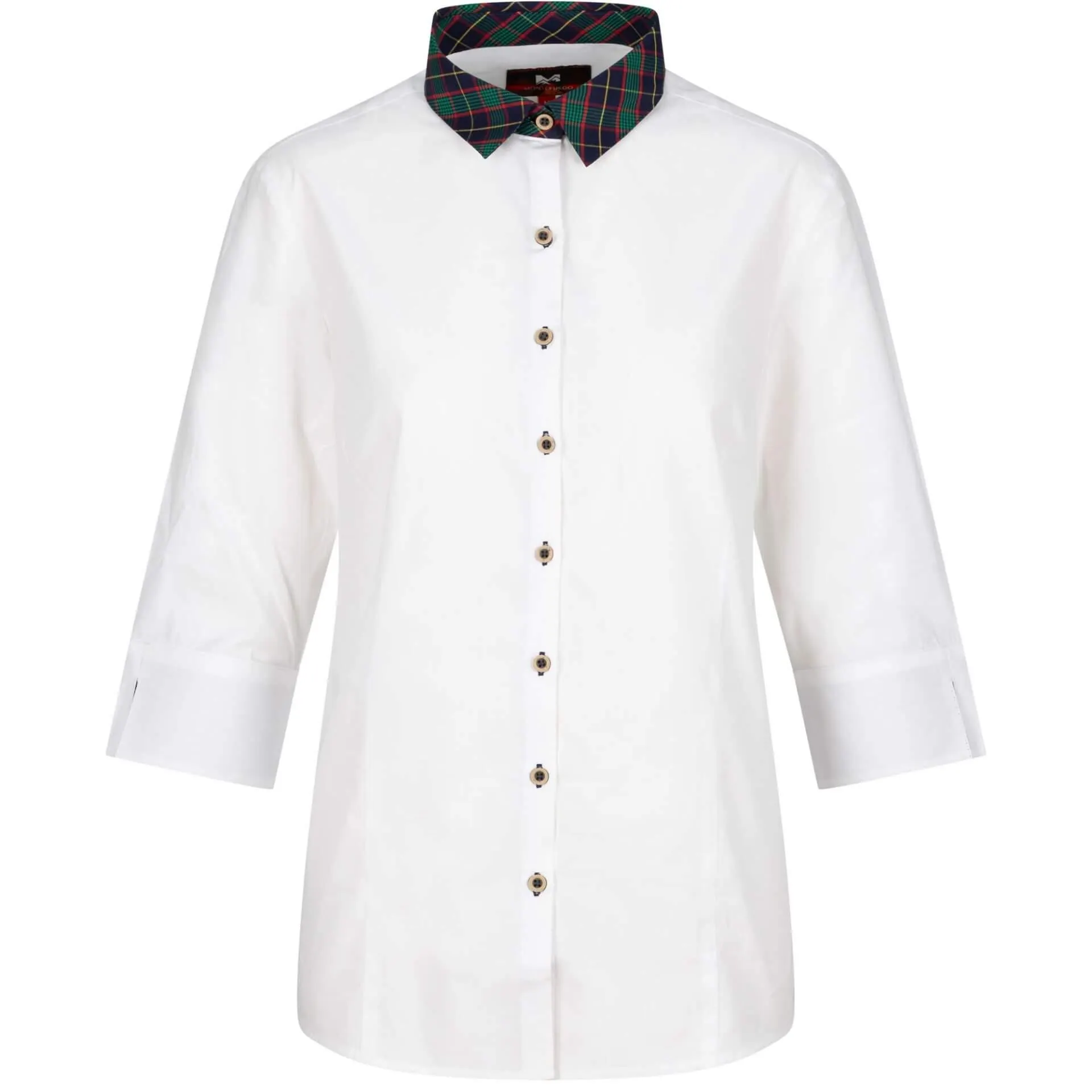 Damen Bluse "Kärnten", Dreiviertel Arm, Karo Kragen, Weiß