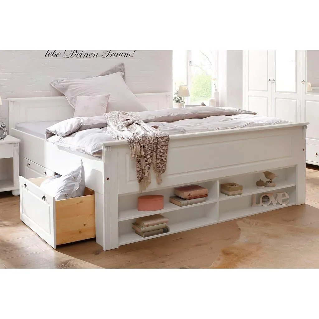OTTO home Massivholzbett »Tessin, Stauraumbett, Landhausstil, Schubladen optional, rustikal« Breite/Belastbarkeit 180cm/220 KG, 140cm/180 KG, zertifizierte Kiefer, Kassetten-Optik, stabile Qualität