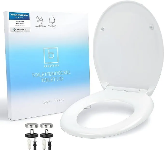 Benkstein® Premium Toilettendeckel antibakteriell oval weiß - Duroplast Klodeckel mit Quick-Release-Funktion und Softclose Absenkautomatik - Toilettensitz aus rostfreiem Edelstahl abnehmbar WC Sitz