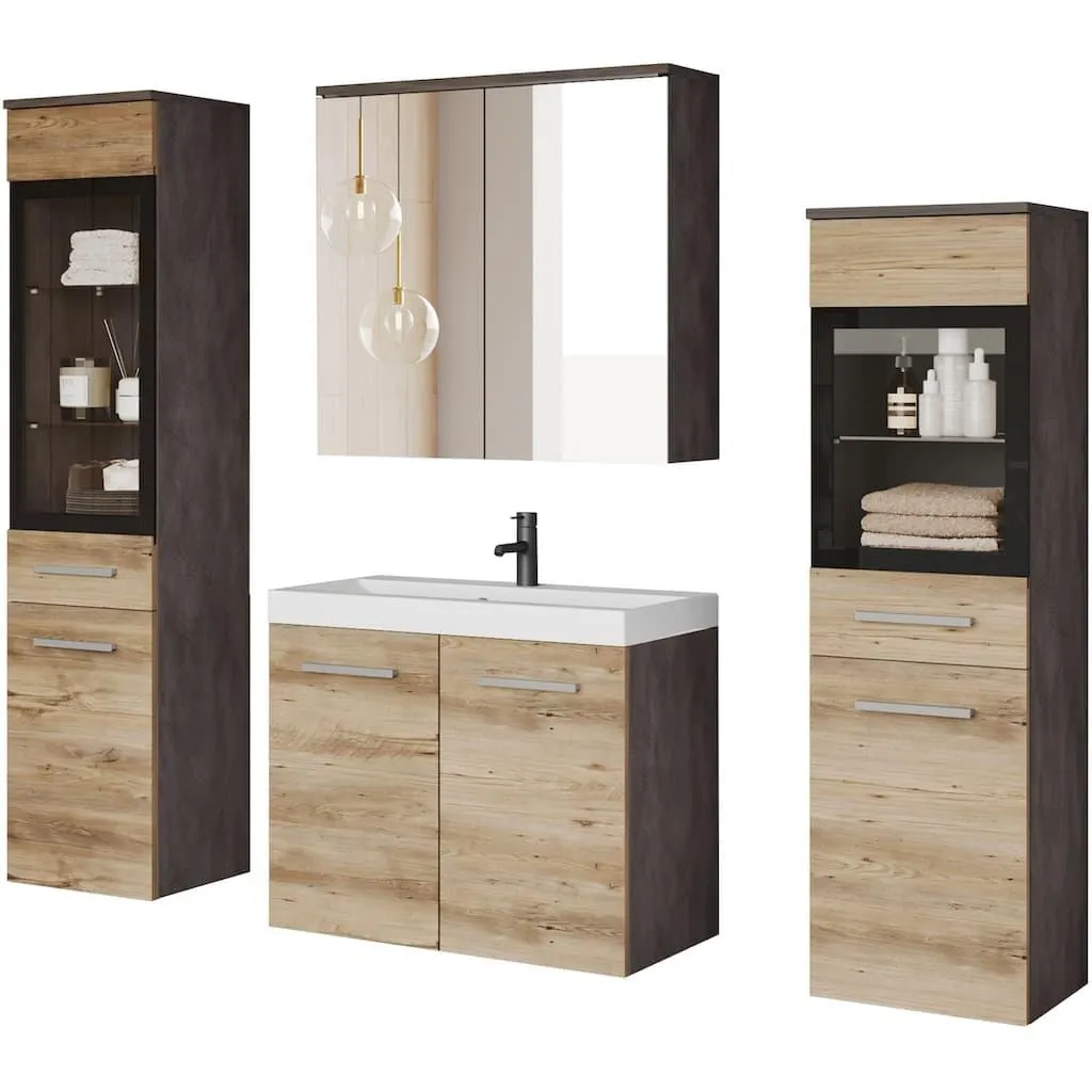 welltime Badmöbel-Set »MADRIT II, Schrank mit Waschbecken, 2 Hänger, Spiegelschrank« Komplett-Set, 5 Stk. tlg.