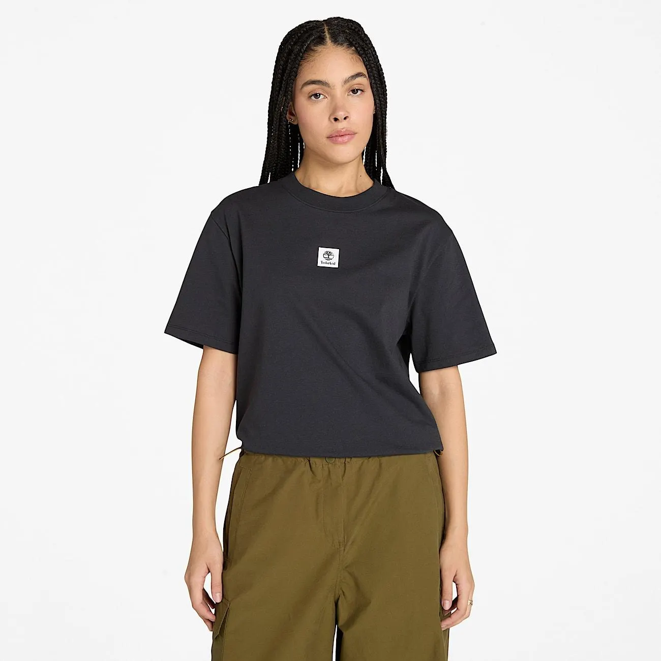 Kurzärmeliges Timberland® T-Shirt mit Stack-Logo für Damen in Schwarz