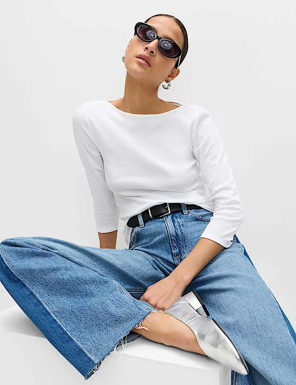 3er-Pack Eng anliegende Oberteile aus reiner Baumwolle mit Carmen-Ausschnitt