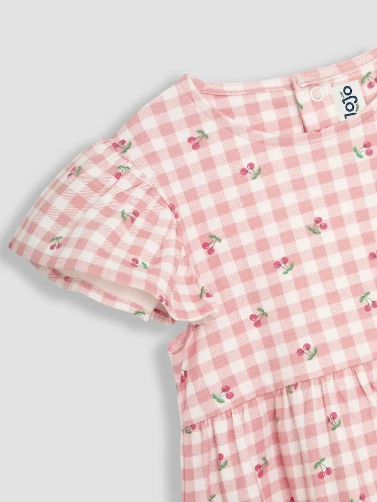 Jojo Maman Bébé – Kleid mit Flatterärmeln, Kirschmotiv und Vichy-Karos aus 100 % Baumwolle