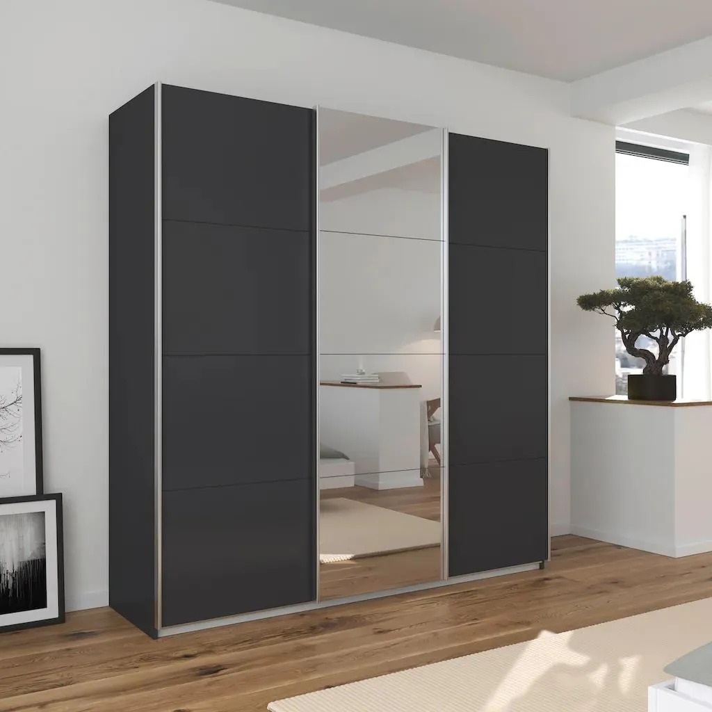 rauch Schwebetürenschrank »Kleiderschrank Schrank Garderobe AGORDO mit Dekor- oder Hochglanzfront«, und Spiegeltür mittig sowie Metallgriffleisten