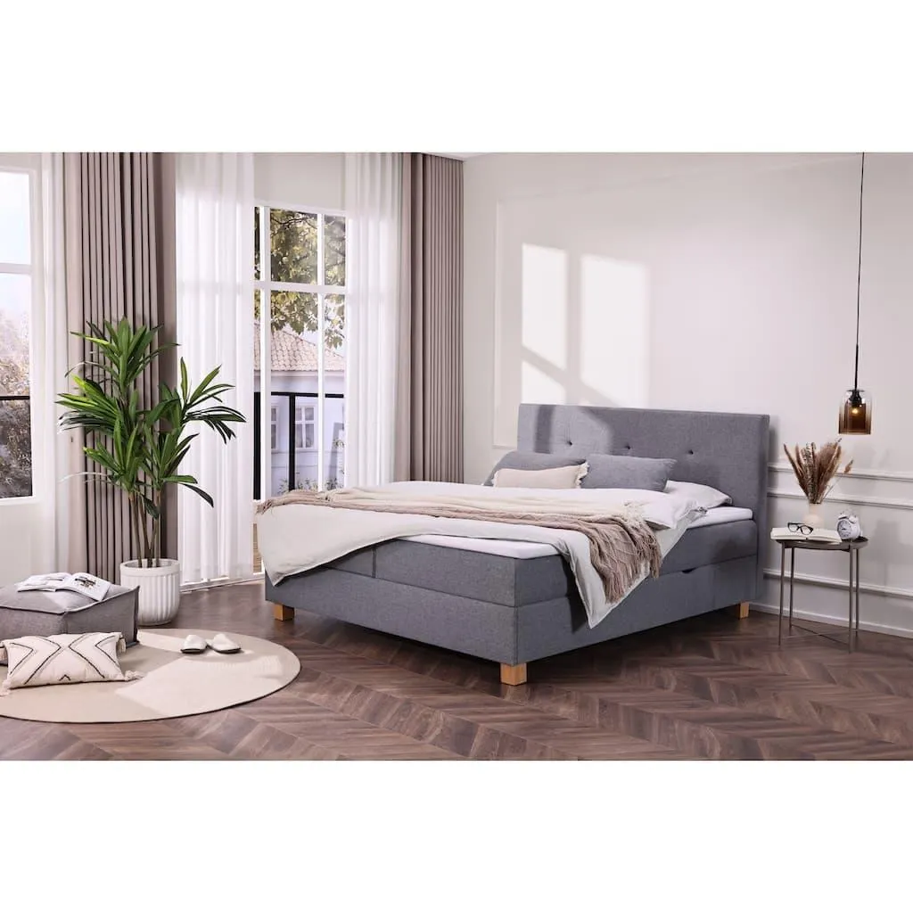 Home affaire Boxbett »Oyré inkl. Bettkasten, Topper und 2 gratis Kissen, 180x200 cm« mit Holzfüße in eichefarben