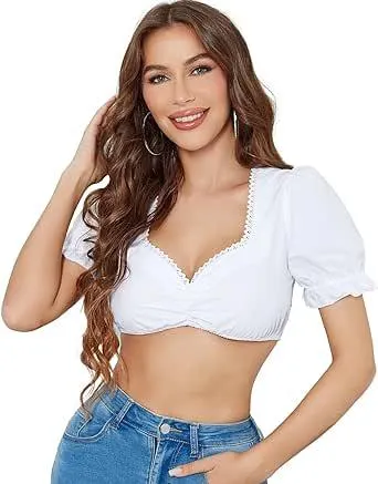 Funspread Dirndl Bluse Damen Weiß - Dirndlbluse Kurzarm Trachtenblusen Dirndlblusen für Oktoberfest
