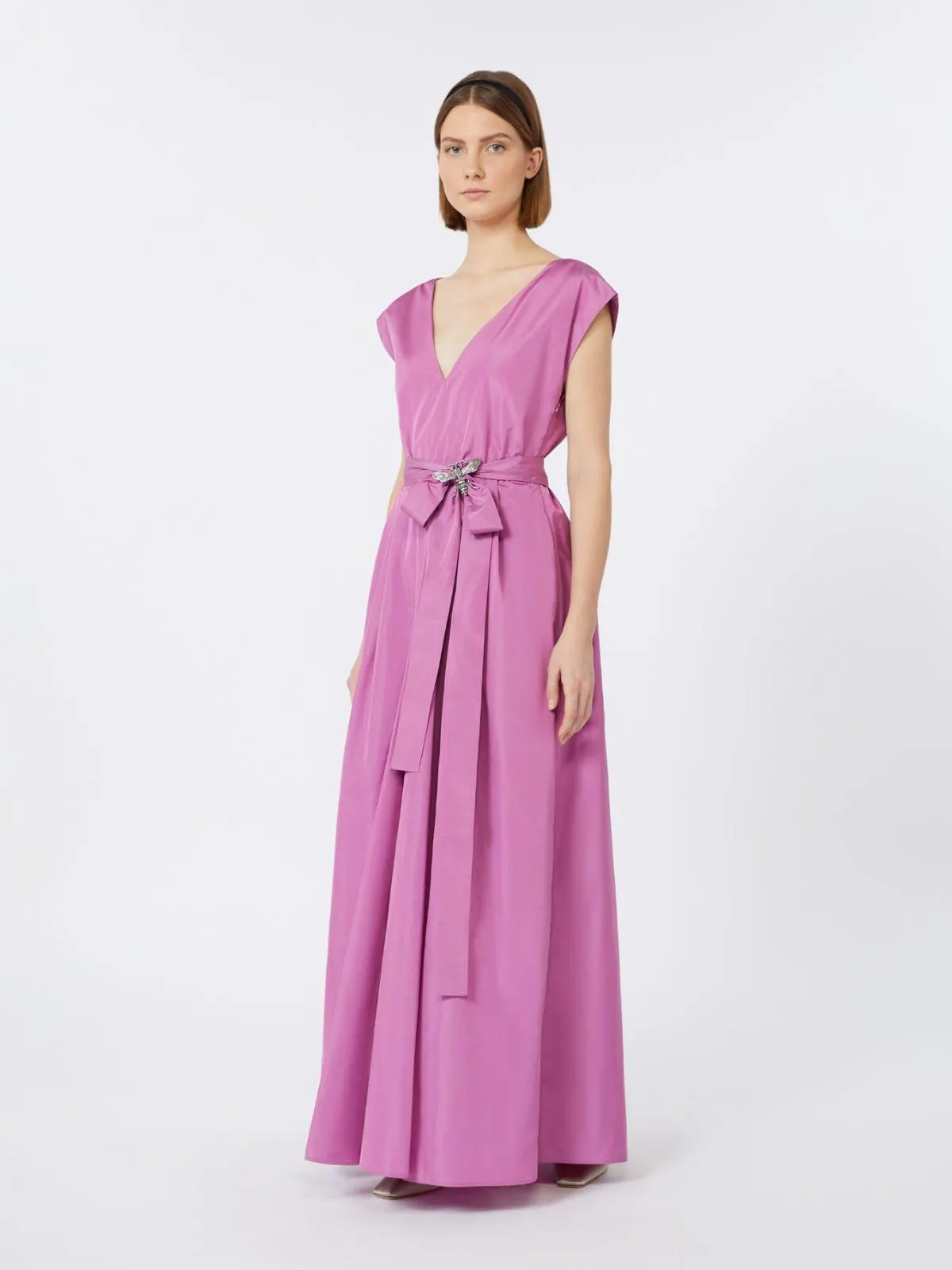 Maxikleid aus Taft mit Gürtel - Hortensien rosa