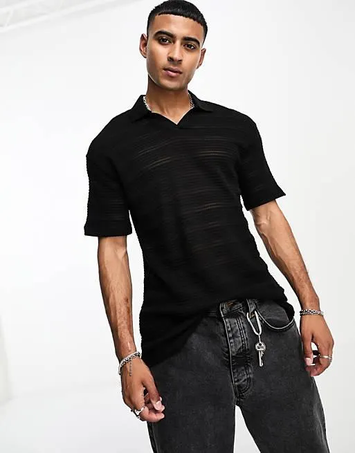 Jack & Jones originals knitted revere collar polo in black