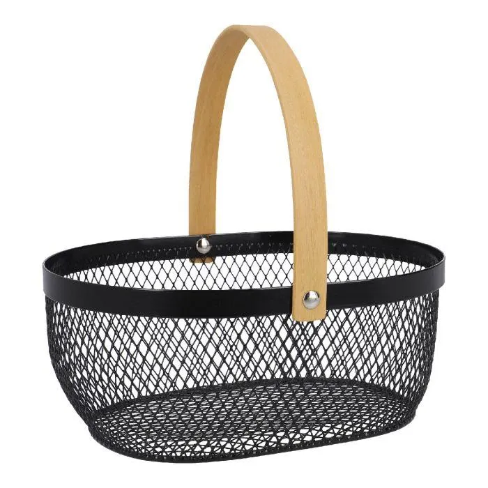 Korb mit Holzhenkel, oval/schwarz, 23.5 cm