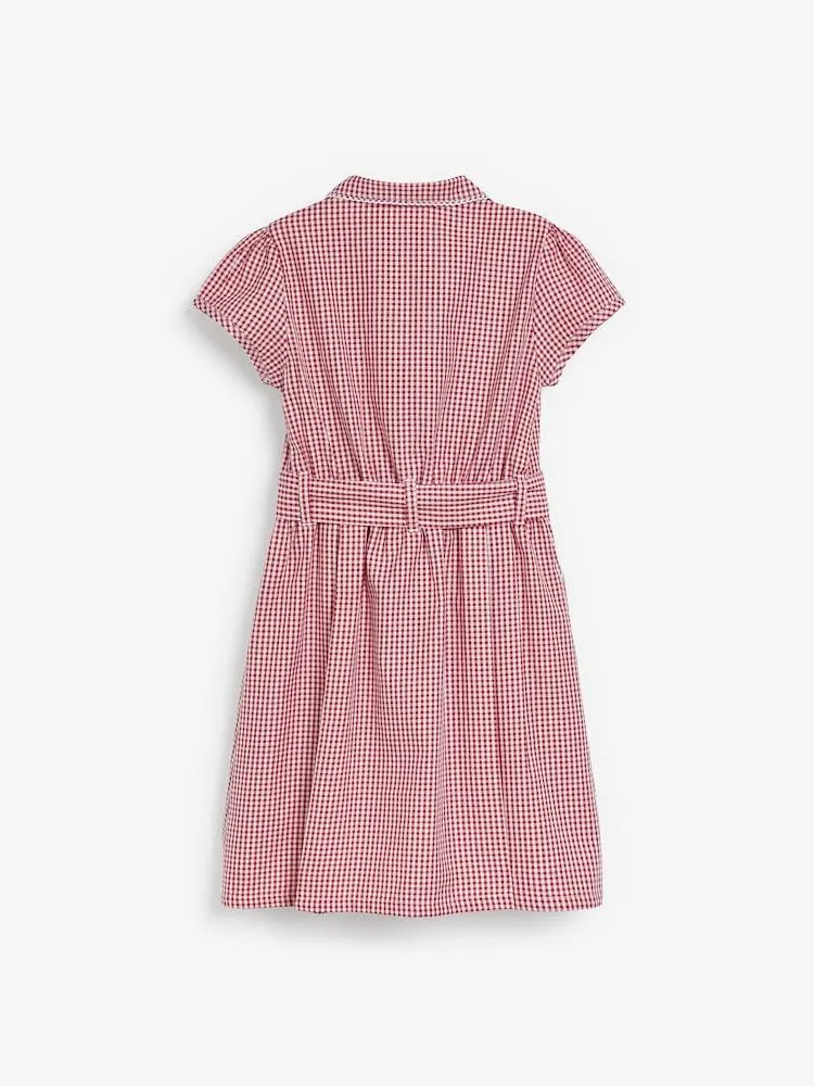 Rot, Vichy - Baumwollreiches Schulkleid mit Gürtel und Scrunchie (3–14 J.)