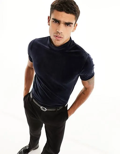 ASOS DESIGN muscle fit t-shirt in velour with turtle neck in navy