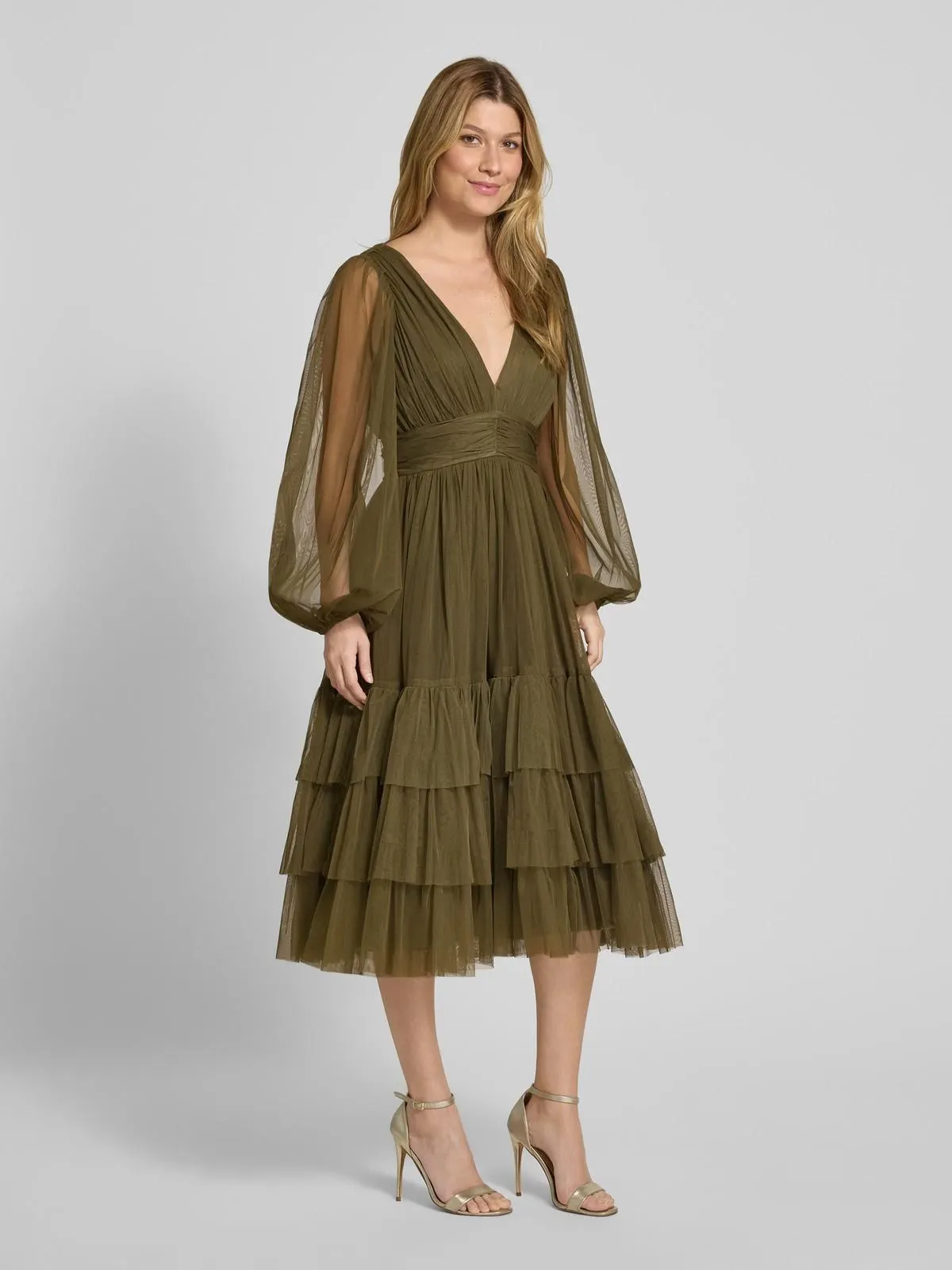 Cocktailkleid im Stufen-Look mit V-Ausschnitt in oliv