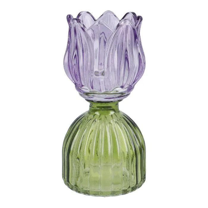 Teelichthalter Tulpe auf Sockel, lila/grün, 16 cm