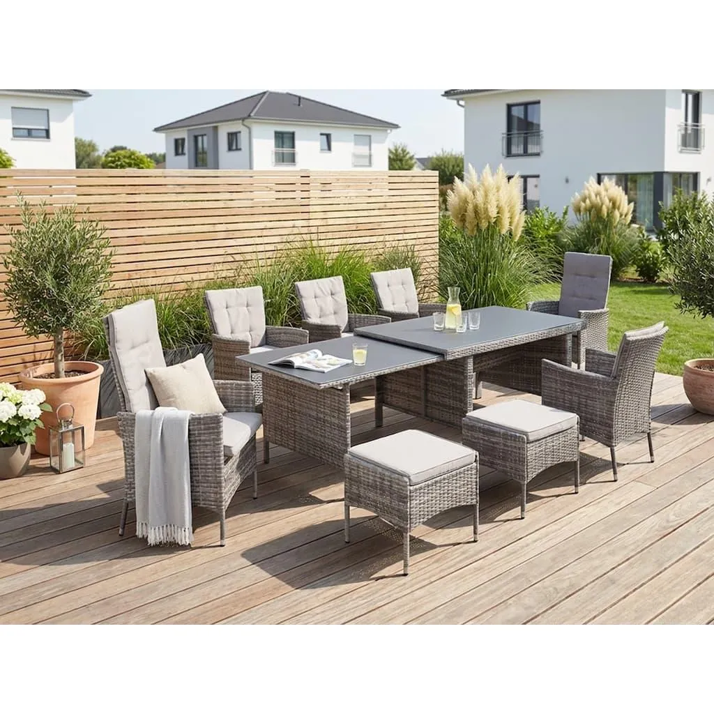 KONIFERA Garten-Essgruppe »Parla« Set, 6xSessel, 1x AZ-Tisch 150-242,5cm,2x Hocker,inkl. Auflagen, Polyrattan, 21 Stk. tlg. 2 der 6 Sessel sind verstellbar, Grau, Tischplatte aus Sicherheitsglas