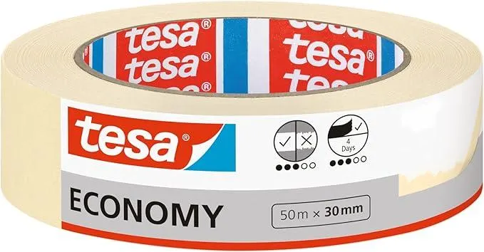 tesa Malerband ECONOMY - Vielseitiges Klebeband für Malerarbeiten ohne Lösungsmittel - Bis zu 4 Tage nach Gebrauch rückstandslos entfernbar, 50 m x 30 mm