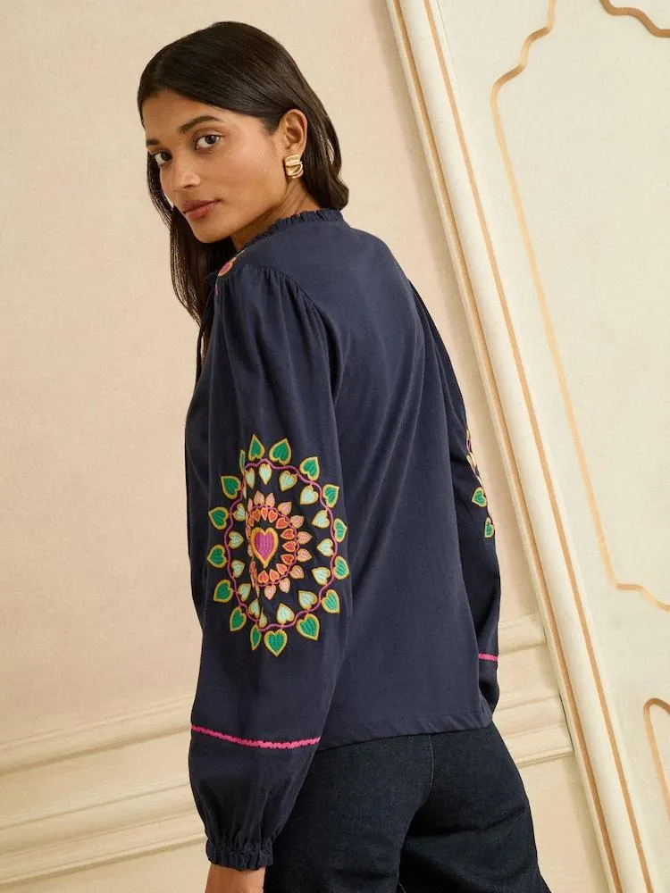 Love & Roses Embroidered Notch Neck Long Sleeve Top