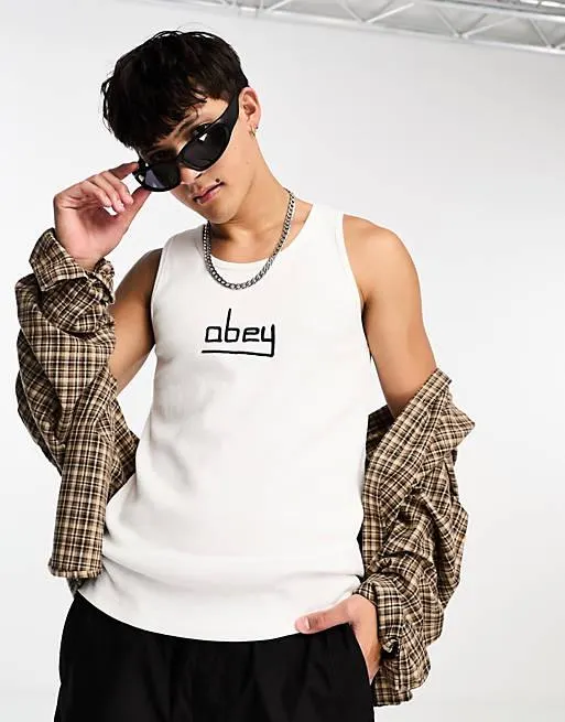 Obey ribbed singlet in white
