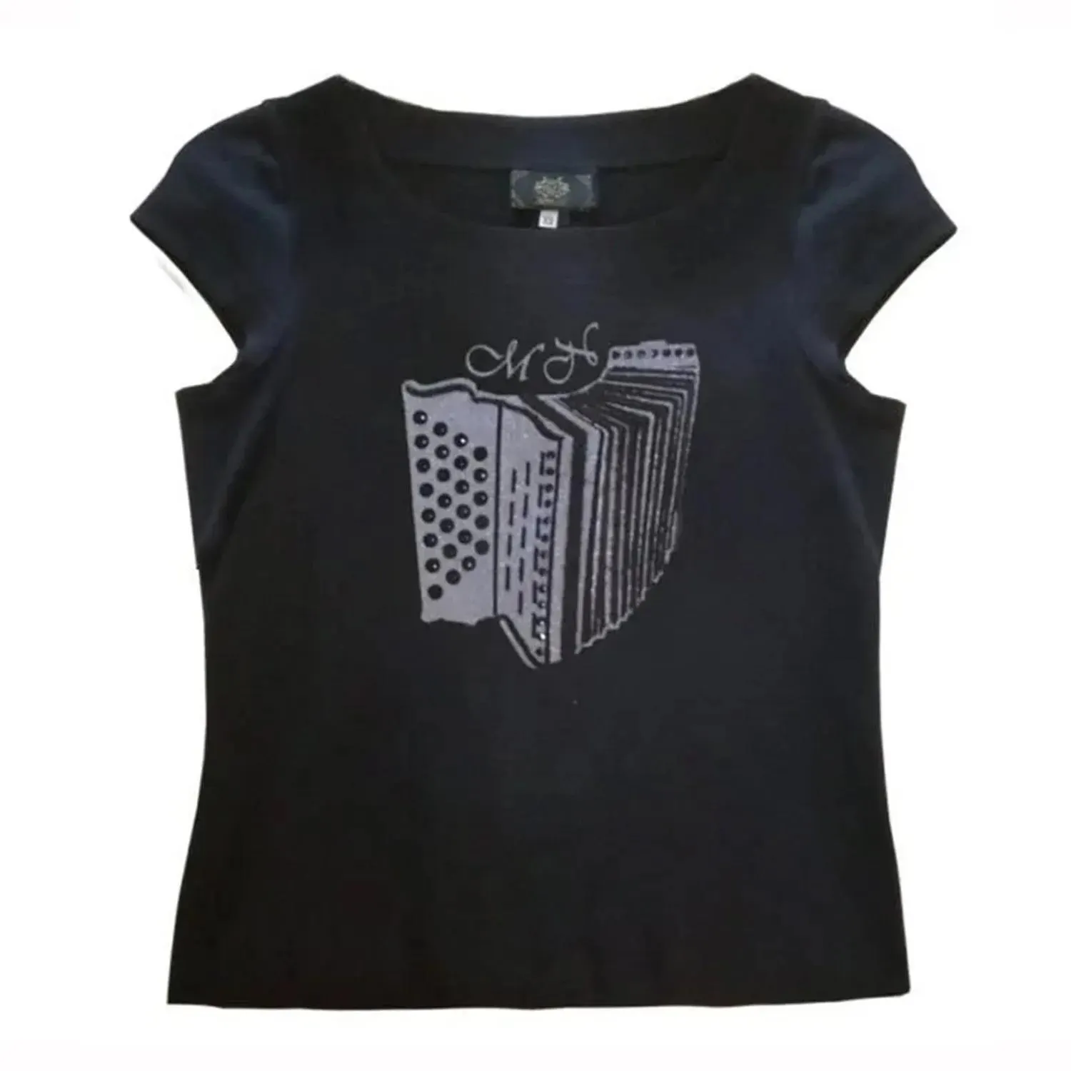 Damen Shirt Melissa “Akkordeon”, Schwarz glänzend Perlenimitat