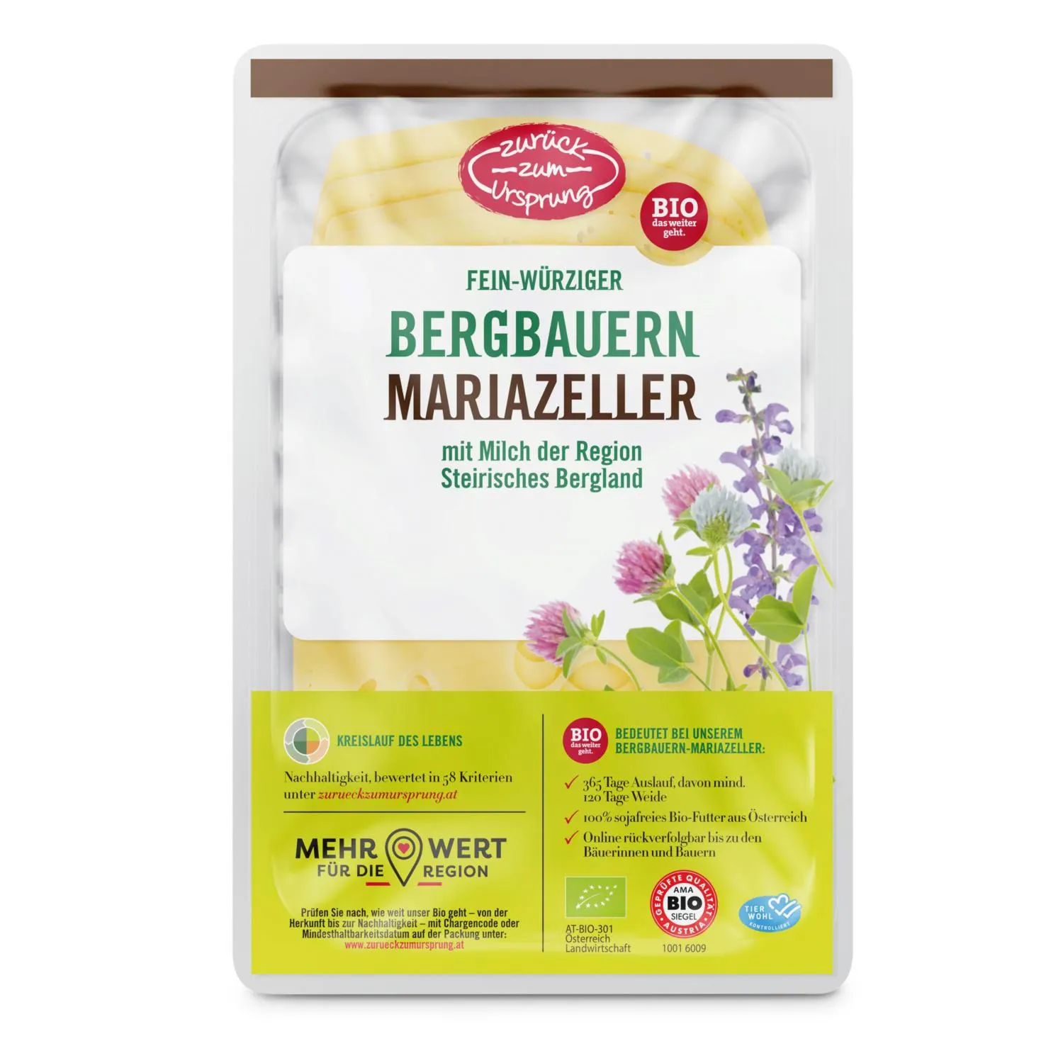ZURÜCK ZUM URSPRUNG BIO-Bergbauern Käse in Scheiben, Mariazeller