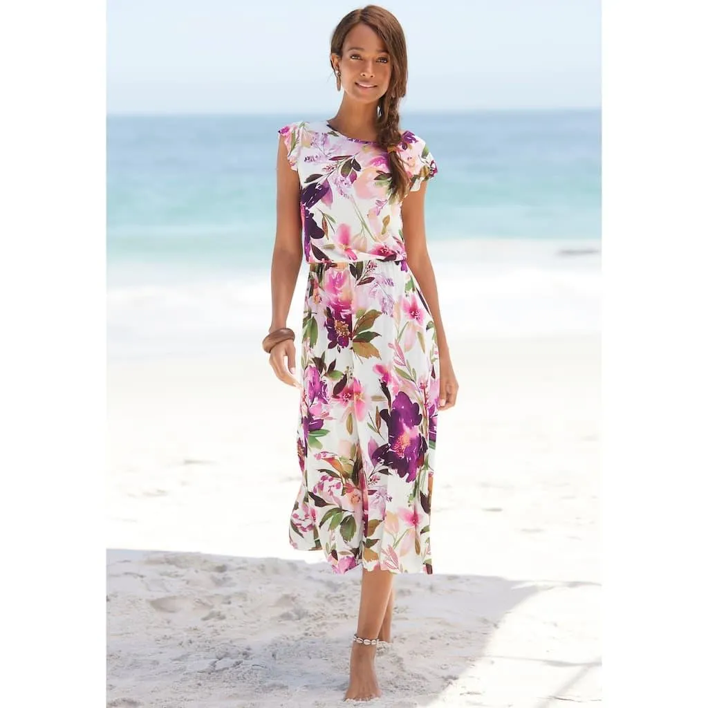 Beachtime Midikleid mit Blumendruck und Gummizug, Sommerkleid, Strandkleid