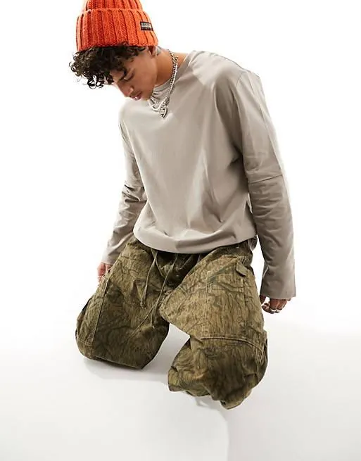 ASOS DESIGN long sleeve double layer t-shirt in washed brown