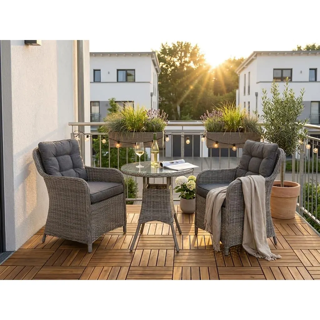 KONIFERA Garten-Essgruppe »Menorca« Set, 2x Sessel, 1x Tisch Ø 70 cm, inkl. Auflagen, Polyrattan, Aluminium, 3 Stk. tlg. Polyrattan, Aluminium, Tischplatte aus 5mm starkem Sicherheitsglas