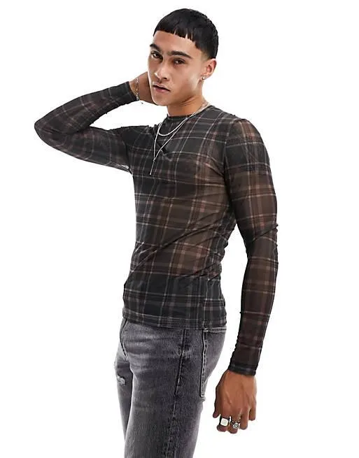 ASOS DESIGN muscle fit long sleeve t-shirt in tartan mesh