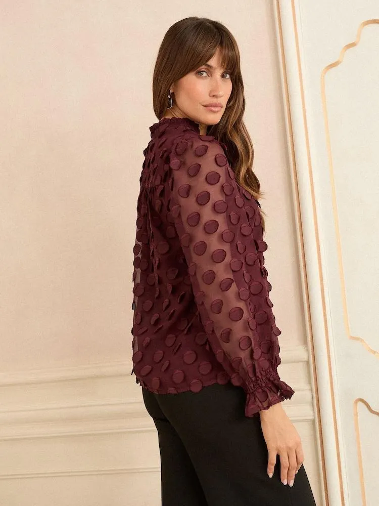 Burgunderrot - Love & Roses langärmlige Bluse mit 3D-Punktmuster