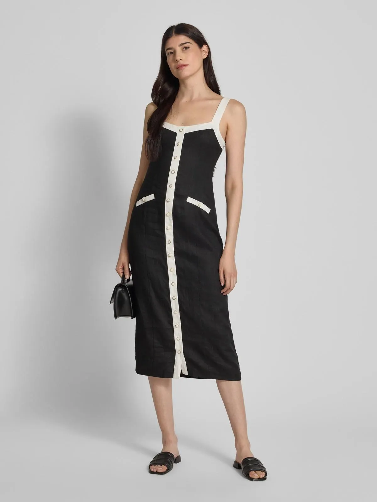 Knielanges Leinenkleid mit Knopfleiste in black