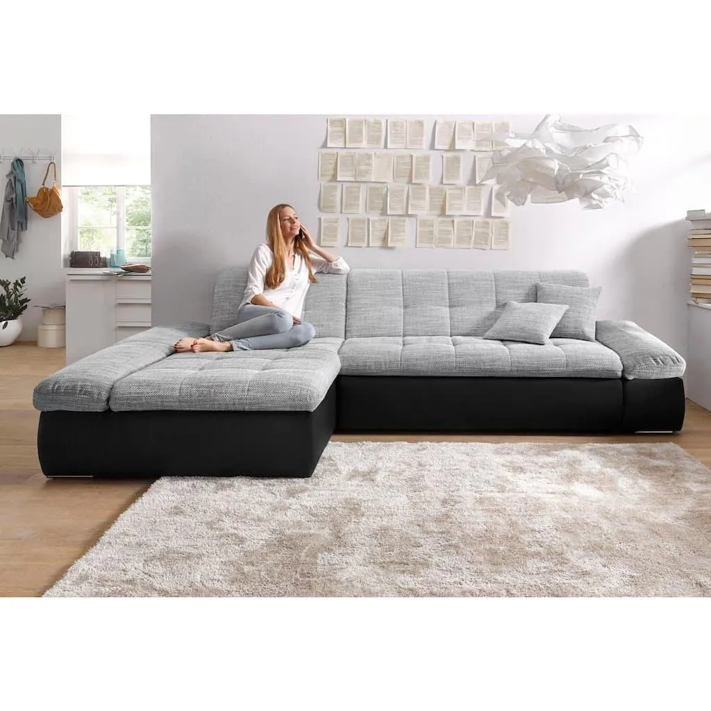 DOMO collection Ecksofa »Moric, L-Form, XXL-Sofa - Breite 300cm, viel Platz, auch in Cord« wahlweise mit Bettfunktion und Armteilverstellung, schwarz-silber