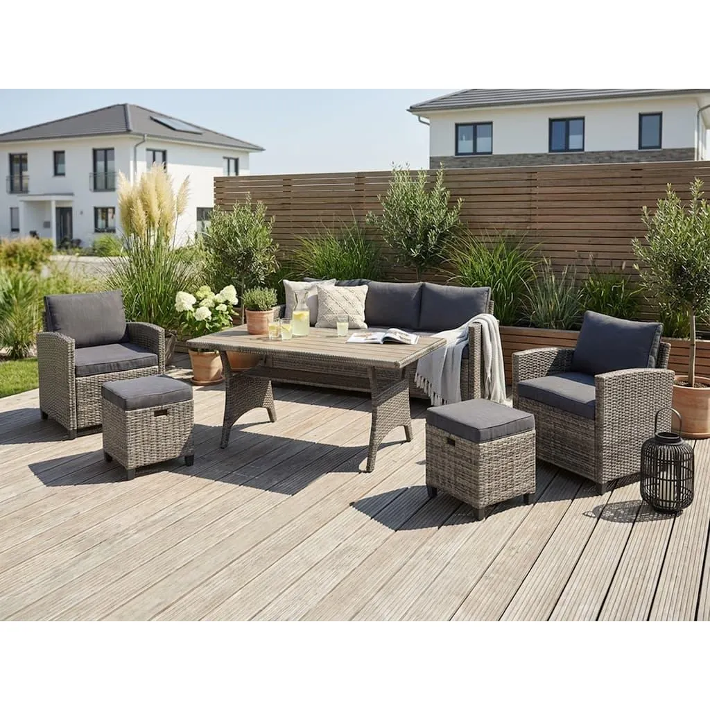 KONIFERA Gartenlounge-Set »Amsterdam« Set, 1x 3er Sofa, 1x 2 Sessel, 2x Hocker, 1xTisch 144,5x74x67cm,Polyrattan, 16 Stk. tlg. Stahl, Ablagefläche unter dem Tisch, Loungeset