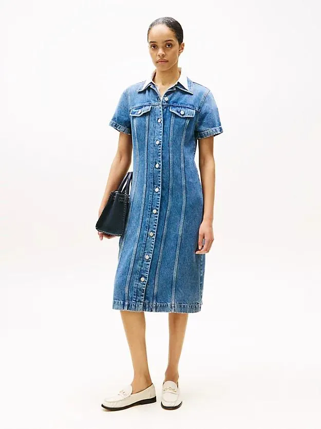 Kurzärmliges Jeans-Hemdkleid in Midi-Länge